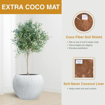 9.7" H x 12" D Ribbed Globo Fiberstone Round Planter with Drainage Hole, Weather Resistant for Indoor and Outdoor Use, Included 2 Extra Coco Mats (Speckled White, 7.8" Pot Opening)