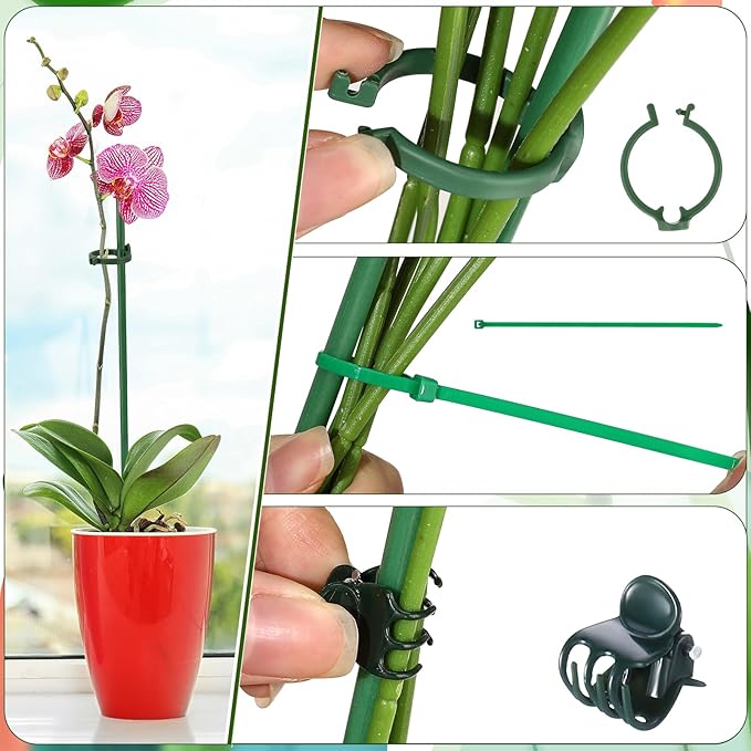 30 Pcs Adjustable Plant Sticks, 12 in Plant Support Sticks Plant Support Stakes with Orchid Clips Garden Ties Plant Support Cage for Potted Plants Indoor Orchid Flower Tomato, Green