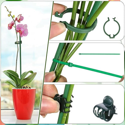 30 Pcs Adjustable Plant Sticks, 12 in Plant Support Sticks Plant Support Stakes with Orchid Clips Garden Ties Plant Support Cage for Potted Plants Indoor Orchid Flower Tomato, Green