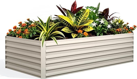 GarveeLife 6x3x2 ft Galvanized Raised Garden Bed, 24" Tall Metal Planter Box for Flowers Vegetables, Rust-Resistant Raised Garden Beds for Gardening, Easy Assembly Outdoor Garden Box & Planters,Beige