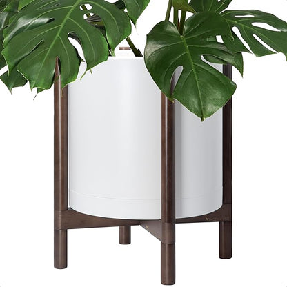 D'vine Dev Planter Pot with Stand - 16 Inch Plastic Cylinder Flower Pot with Wood Planter Holder for Indoor, Matte White Pot + Walnut Color Stand, 55-C-X-1