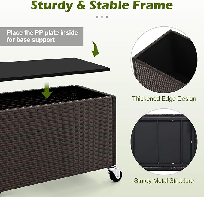 Giantex Wicker Raised Garden Bed with Wheels, 38”x12”x14”, Rectangular Garden Planter Box w/PE Rattan, Liner Fabric, Wicker Patio Elevated Raised Bed for Vegetable Flower Herb Porch Balcony