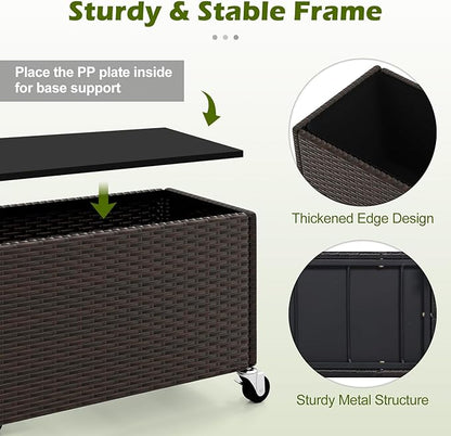 Giantex Wicker Raised Garden Bed with Wheels, 38”x12”x14”, Rectangular Garden Planter Box w/PE Rattan, Liner Fabric, Wicker Patio Elevated Raised Bed for Vegetable Flower Herb Porch Balcony