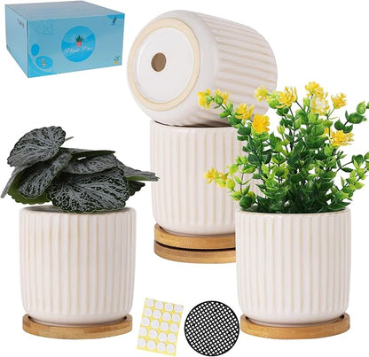 TAMAYKIM 4 Inch Ceramic Plant Pots with Drainage Holes, Modern Vertical Pattern Flower Planter with Saucer for Indoor Plants, Succulent, Cactus & Herbs, White, Set of 4 (Plants Not Included)