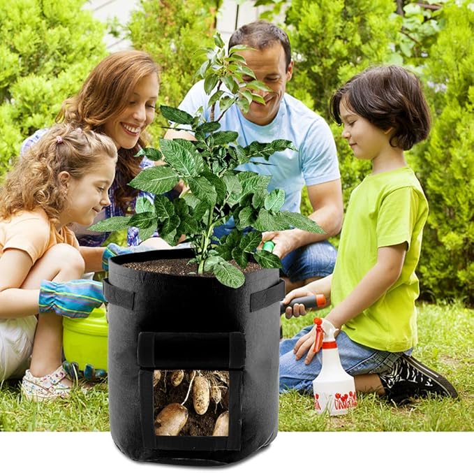 ELEOPTION Plant Grow Bags 7 Gallon 2PCS, Non-Woven Garden Potato Carrot Tomato Vegetable Planting Bag with Handles and Flap, Fabric Pots Heavy Duty Planter Bags (Black)