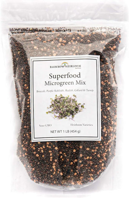 Superfood Microgreen Seeds Mix | for Microgreens Growing Trays | 1 LB | Heirloom Non GMO Purple Kohlrabi, Collard, Radish, Turnip & Broccoli Sprouts Seeds | Rainbow Heirloom Seed Co.
