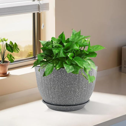 12/10/9 inch Plant Pots, 3 Pack Flower Pots for Outdoor Indoor Garden Plants, Large Planters with Multi Mesh Drainage Holes and Saucer (Speckled Grey, 12"+10"+9")