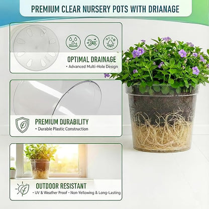 4/5/6/7 Inch Clear Nursery Pots with Drainage, 12 Pack Thick Reusable Planters, High Transparency, Weather-Resistant and Degradable Material, Ideal for Gardening Enthusiasts