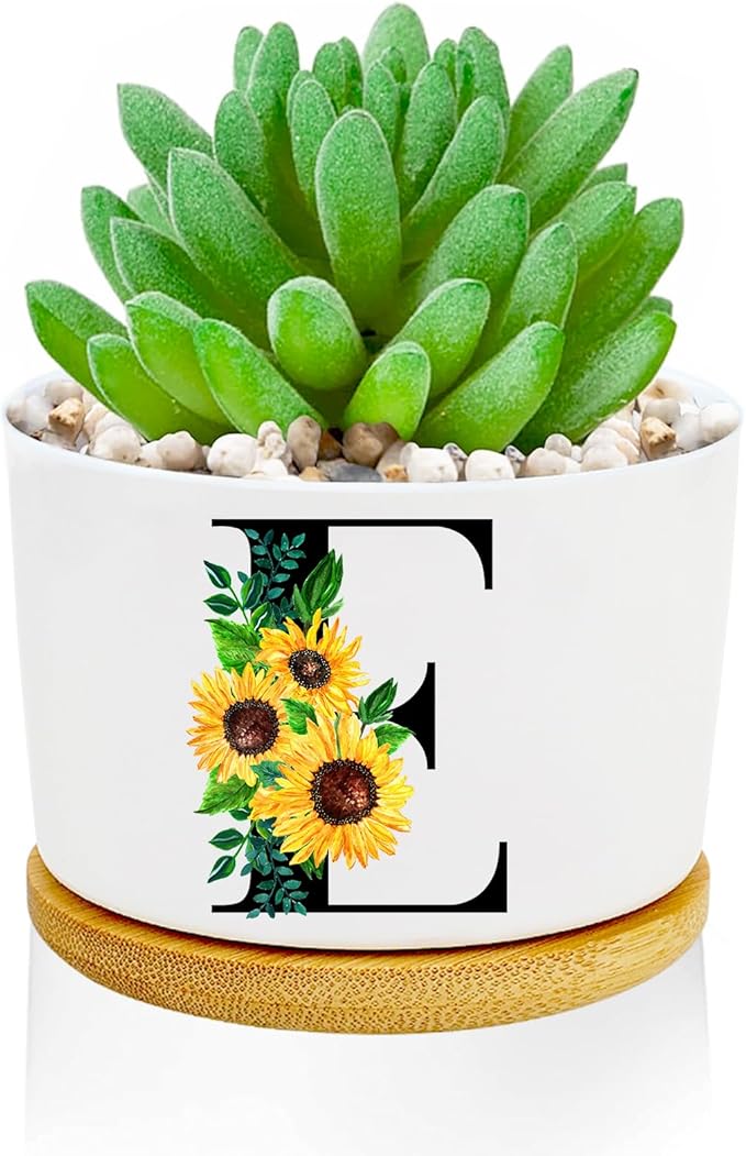 Sunflower Succulent Plant Pots 3 Inch Ceramic Cactus Flower Pots Personalized Initials E Sunflower Gifts for Women Mom Sister,Birthday Housewarming,Wedding,Window Garden Desk Decor