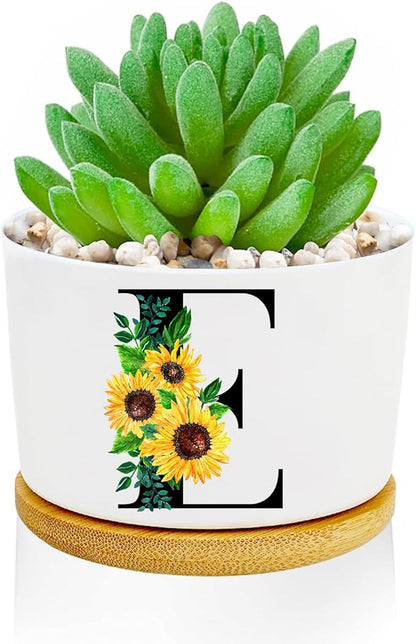 Sunflower Succulent Plant Pots 3 Inch Ceramic Cactus Flower Pots Personalized Initials E Sunflower Gifts for Women Mom Sister,Birthday Housewarming,Wedding,Window Garden Desk Decor