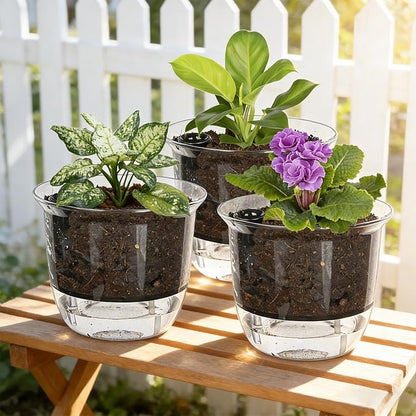 Self Watering Pots, 3 Pack 6.5/5/4 Inch Clear Plant Pot Self Watering Planter Flowers Pot with Deep Reservoir for Indoor Plants (3 Medium)