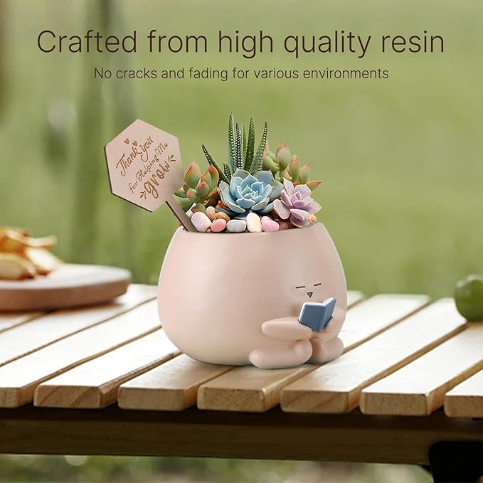 Bookworm Planter Pot - Cute Plant Pots for Succulents with Thank You Sign & Card, Small Reading Planter for Indoor Outdoor Decor, Succulent Gifts for Book Lovers, Teacher Dad Mom Appreciation