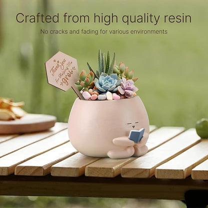 Bookworm Planter Pot - Cute Plant Pots for Succulents with Thank You Sign & Card, Small Reading Planter for Indoor Outdoor Decor, Succulent Gifts for Book Lovers, Teacher Dad Mom Appreciation
