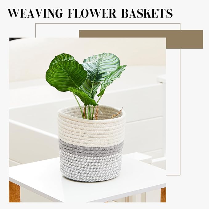 3 Pcs Cotton Rope Plant Basket with Plastic Liner Rustic Plant Basket Planters Modern Woven Decorative Pots for Home Flower Indoor Storage Decor, 7.5 x 6.5 Inches(White, Gray)