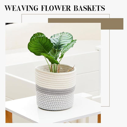 3 Pcs Cotton Rope Plant Basket with Plastic Liner Rustic Plant Basket Planters Modern Woven Decorative Pots for Home Flower Indoor Storage Decor, 7.5 x 6.5 Inches(White, Gray)