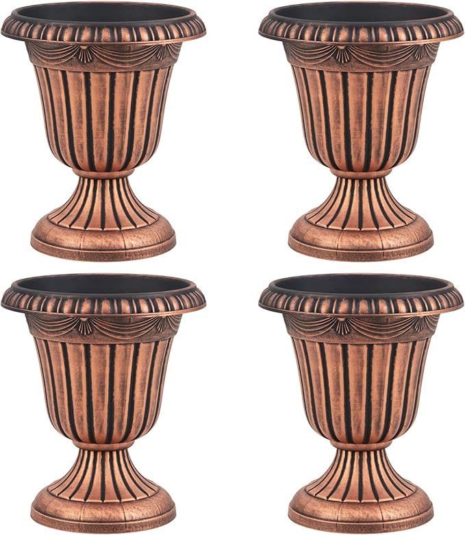 Giantex 18" Tall Vintage Planters Set of 4, Urn Plastic Flower Pots with/Pedestal Base & Pre-Marked Drain Hole, Indoor Outdoor Decorative Plant Containers for Front Porch Home Wedding (Bronze)