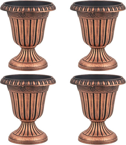 Giantex 18" Tall Vintage Planters Set of 4, Urn Plastic Flower Pots with/Pedestal Base & Pre-Marked Drain Hole, Indoor Outdoor Decorative Plant Containers for Front Porch Home Wedding (Bronze)
