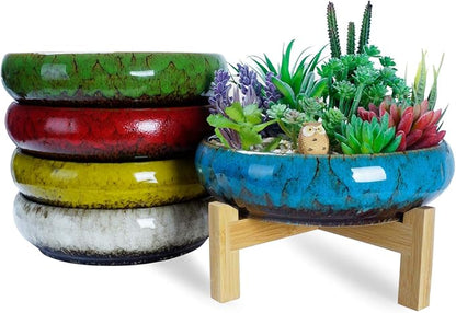 ARTKETTY Succulent Pots - 10 Inch Ceramic Bonsai Pots with Drainage Stand, Large Shallow Planters for Indoor Plants Glazed Cactus Flower Planter Container Bowl