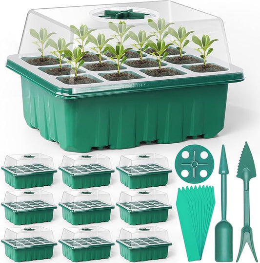 Sfee 10 Pack Seed Starter Tray Kit, 120 Cells Seedling Starter Trays with Humidity Dome and Base Greenhouse Growing Trays, Reusable Seed Germination Seedling Tray with Garden Tools Labels (Green)