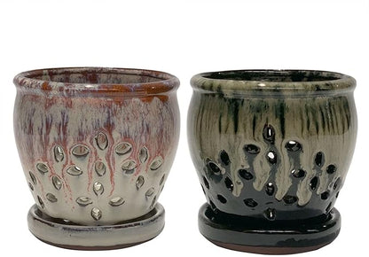 2PCS Small Ceramic Orchid Planter Pots with Holes 4.33inch Ceramic Planters for Orchid Repotting(Black&White)