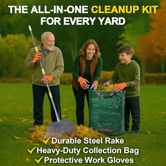 3-Piece Leaf Rake Kit – Adjustable Heavy-Duty Yard Rake with 25 Tines (36–73"), 32-Gal Tear-Resistant Bag & Leather Gloves – Fall Cleanup Set for Lawn, Shrubs & Gardens