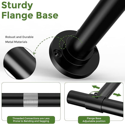 Window Plant Hanger Indoor, 64 Inch Heavy Duty Plant Hanging Rod, 1 Inch Metal Hanging Plant Holder for Window Wall, Matte Black Round Flange Base, Pot Not Included