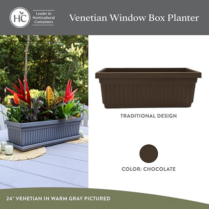 The HC Companies Venetian Window Planter Box w/Drain Plug - Long Planter Box for Windowsills, Balconies & More - Plastic Rectangular Outdoor Planters for Herbs & Flowers (18" Chocolate, Pack of 1)