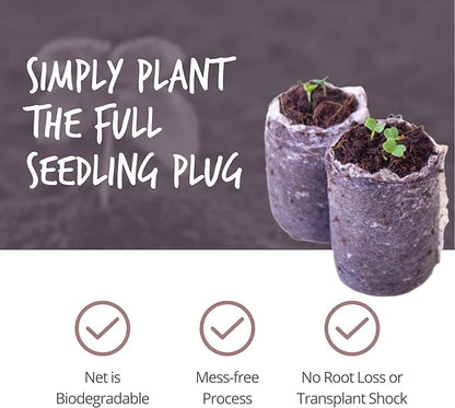Pure Coconut Coir Netted Seed Starting Pellets - 42mm - Pack of 100 - Sustainable, Renewable, Unamended - Superior to Peat Plugs - High Water Holding - Minimize Root Loss & Transplant Shock