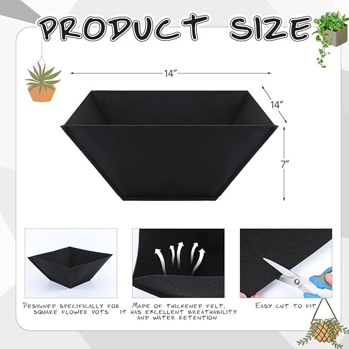 4 Pcs 14inch Fabric Square Hanging Basket Liners Black Square Breathable Felt Replacement Liners Durable Felt Liner for Wall Hanging Flower Basket and Garden Flower Pot