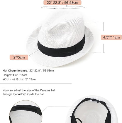 DRESHOW Women Straw Panama Hat Travel Fedora Beach Sun Hat Summer Wide Brim Straw Roll up Hat UPF 50+