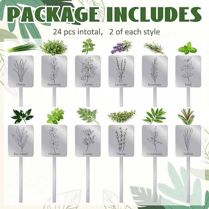 Silkfly 24 Pcs Metal Herb Label Signs 12 Style Herbs Garden Markers Waterproof Label Stakes Reusable Garden Plant Tags with Name for Indoor Outdoor Nursery Seed Flowerpot Potted Plant Flower