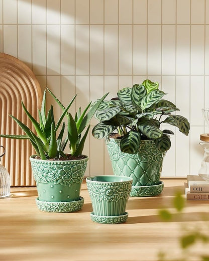 Ceramic Plant Pots, 3.8+4.9+5.8 Inch, Set of 3 Flower Pots with Drainage Hole & Saucer, Embossed Planter Pots for Indoor Plants, Home Decor, Green