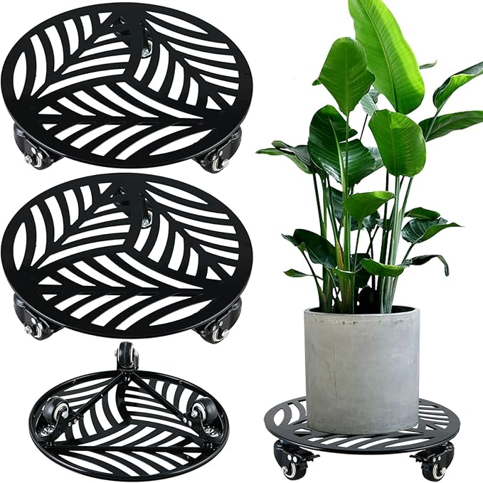 2 Packs 12" Large Metal Plant Caddy with 3 PU Metal Wheels Heavy-duty Wheeled Rolling Plant Stands with Casters Indoor Outdoor Flower Pot Roller Base Planter Dolly Coaster Movers Black, Strong Load Capacity