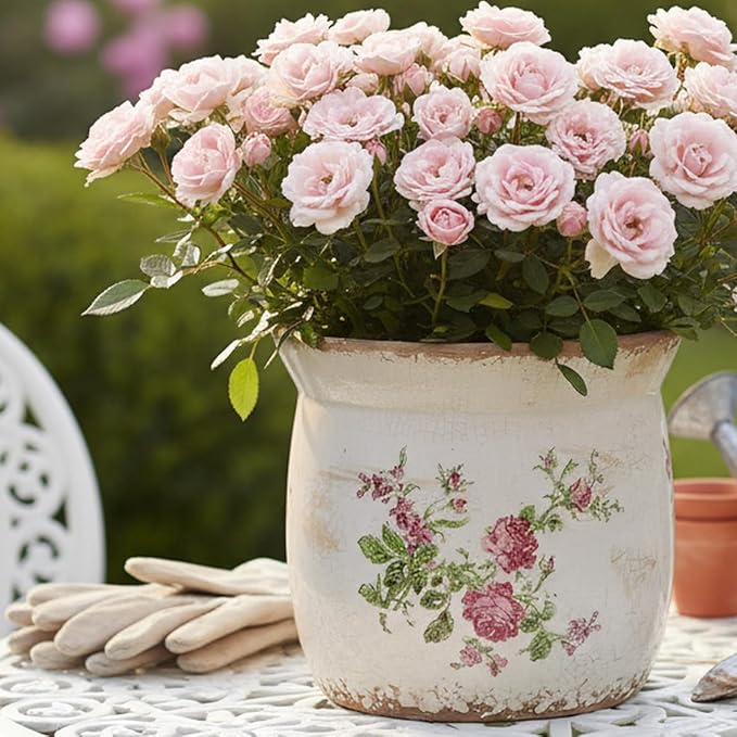 Cottage Ceramic Pots for Plants, 6.21 Inch Vintage Shabby Chic Planters for Indoor Plants, French Country Spring Balcony & House Decor, Pink Floral Vases for Centerpieces, Gardening Gifts