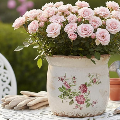 Cottage Ceramic Pots for Plants, 6.21 Inch Vintage Shabby Chic Planters for Indoor Plants, French Country Spring Balcony & House Decor, Pink Floral Vases for Centerpieces, Gardening Gifts