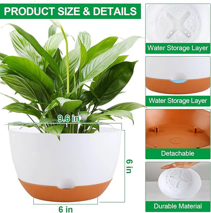 3 Pack Self Watering Planters for Plants Indoor,10 Inch Plant Pot Outdoor Plastic Flower Pot with Drainage and Saucers(White)