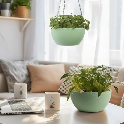 T4U 10 Inch Hanging Planters for Indoor Outdoor Plants, 2 Pack Plastic Hanging Planter, Indoor Hanging Plant Pots, Hanging Basket with Drainage Holes, Flower Pots for Garden Home Decor，Green