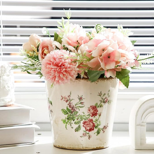 1 Pcs Ceramic Floral Plant Pots with Drainage Hole 5.5 Inch Vintage Farmhouse Accent Planter Rustic Ice Glazed Crack Flower Planter for Indoor Outdoor Home Decor (Pink Rose,Beige and Pink)