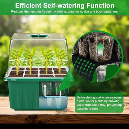 YAUNGEL Self-Watering Seed Starter Trays with Grow Light, 6-Pack 72-Cell Seed Starter Kit with Timing Controller Adjustable Brightness, Thicken Seed Starter Kit Humidity Dome Heightened Lids, Green