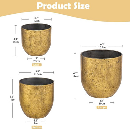 Briful Set of 3 Shabby Gold Galvanized Buckets Multi-Size Rustic Chic Metal Planters for Home Centerpieces Table Decor, Farmhouse Garden Round Metal Pots for Flowers Plant Herb(4 ¾''/5 ½''/6 ¾'')