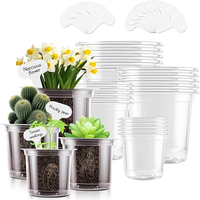 SupKing 20 Pack Clear Nursery Pots 6/5/4/3.5 Inch Plastic Seed Starter Large Small Plant Flower Pot with Drainage Holes for repotting Transplanting Succulents Cuttings Seedlings 15 Labels