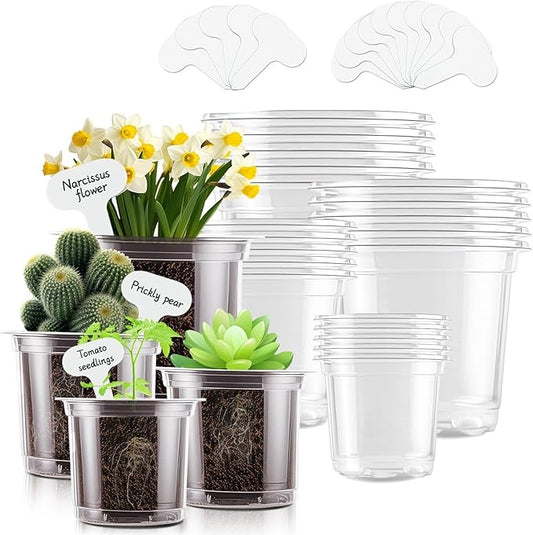 SupKing 20 Pack Clear Nursery Pots 6/5/4/3.5 Inch Plastic Seed Starter Large Small Plant Flower Pot with Drainage Holes for repotting Transplanting Succulents Cuttings Seedlings 15 Labels