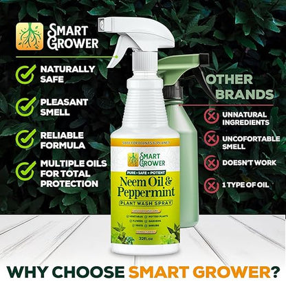 Neem Oil Spray for Plants with Peppermint Oil, Natural Plant Wash Made for Indoor and Outdoor Plants Smart Grower 32oz Easy Ready to Use Spray