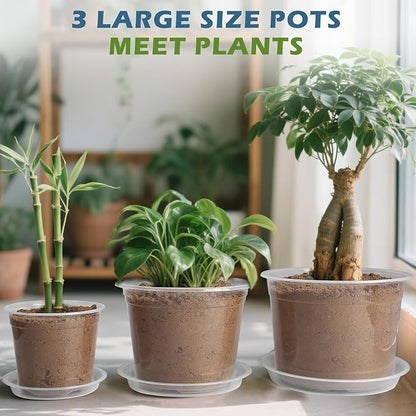 6/8/10 Inch Large Size Clear Nursery Pots with Drainage and Saucers, 9 Pack Plastic Plant Pots for Seedling Starter, Durable Plastic Pots for Indoors