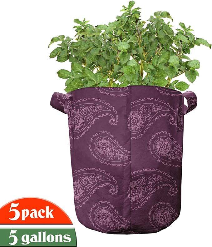Ambesonne Tropical Grow Bags 5-Pack, Pinkish Exotic Flamingos, Heavyduty Fabric Pots with Handles for Plants, Black Pink