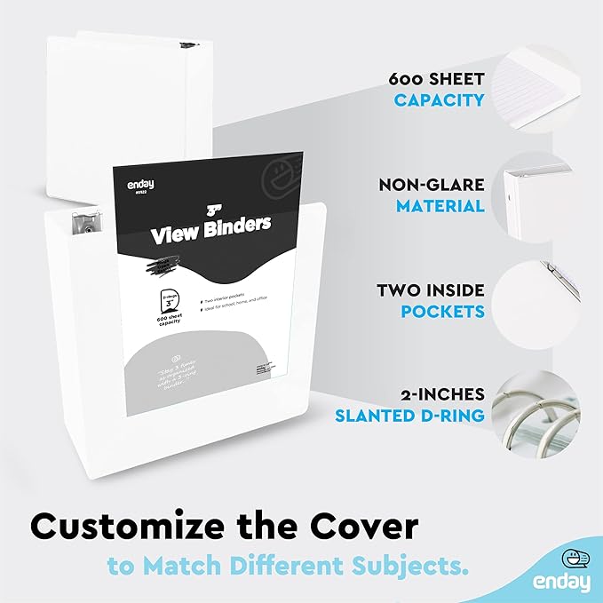 3 Inch Binder 3 Ring Binders White, Slant D-Ring 3” Clear View Cover with 2 Inside Pockets, Heavy Duty Colored School Supplies Office and Home Binders – by Enday