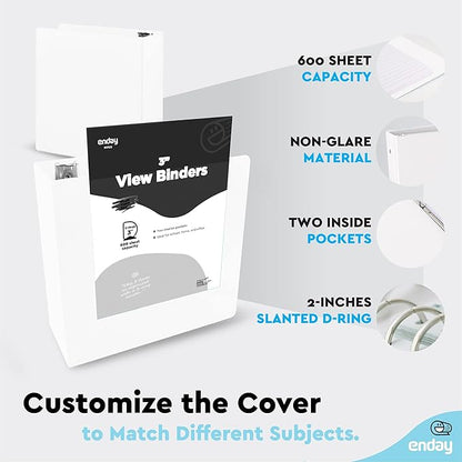 3 Inch Binder 3 Ring Binders White, Slant D-Ring 3” Clear View Cover with 2 Inside Pockets, Heavy Duty Colored School Supplies Office and Home Binders – by Enday