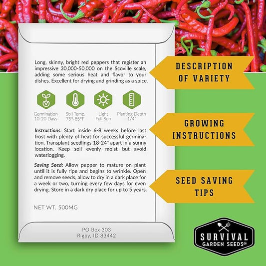 Cayenne Pepper Seeds for Planting | Hot Heirloom Non-GMO Red Peppers with 30,000–50,000 Scoville Heat – Survival Garden Seeds (2 Pack)