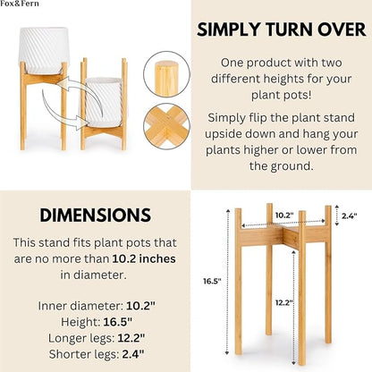 Fox & Fern Mid Century Tall Plant Stand — 10 Inch Fixed Size Raised Bamboo Plant Stand for Indoor Pots (Not Included) - Modern Flower Pot Holder with Plug In Design - Easy to Assemble - Bamboo