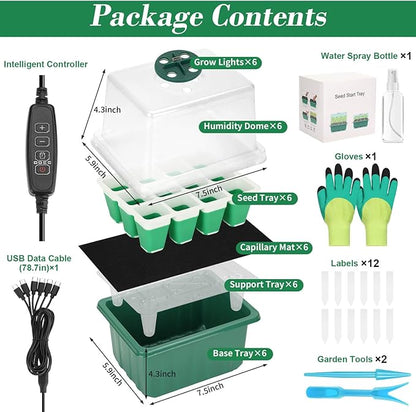 Mckanti 6 Set Self-Watering Seed Starter Tray Kits with Grow Light, Reusable Seed Germination Kit with Adjustable Humidity Domes and Silicone Cell Base Tray for Indoor Plant Seeds GerminationKit